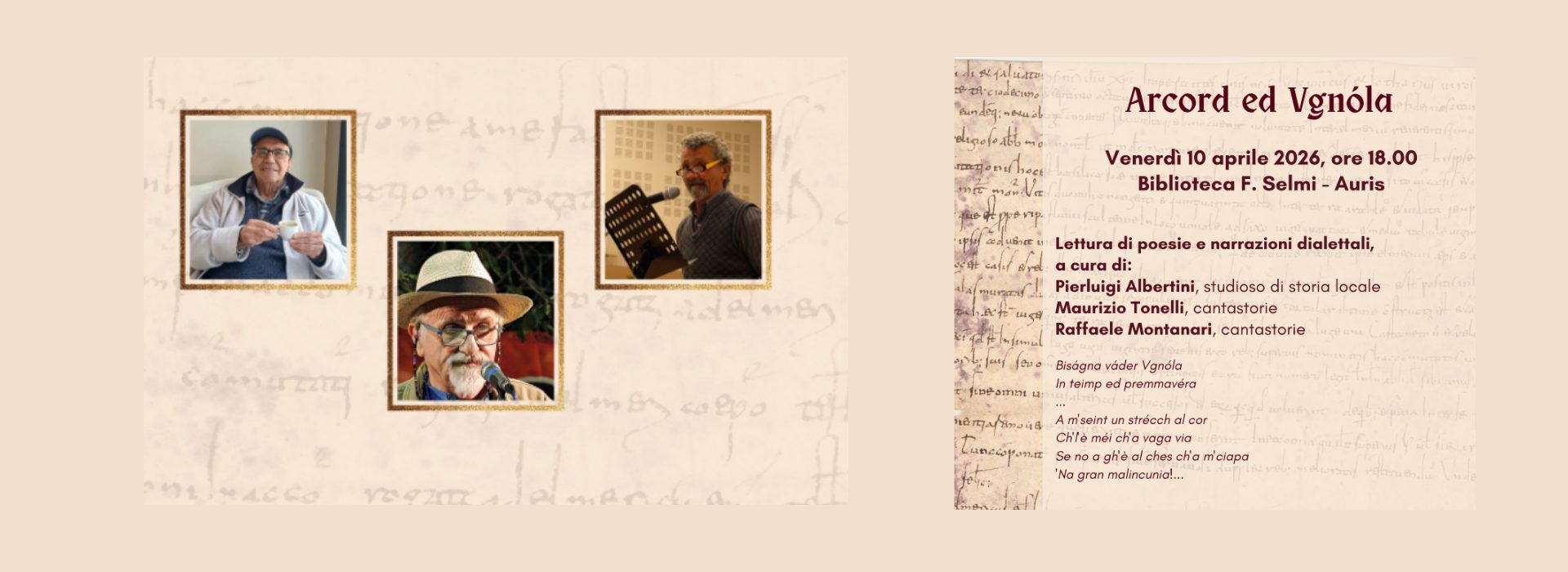 Arcord ed Vgnóla – Venerdì 10 aprile 2026, ore 18.00